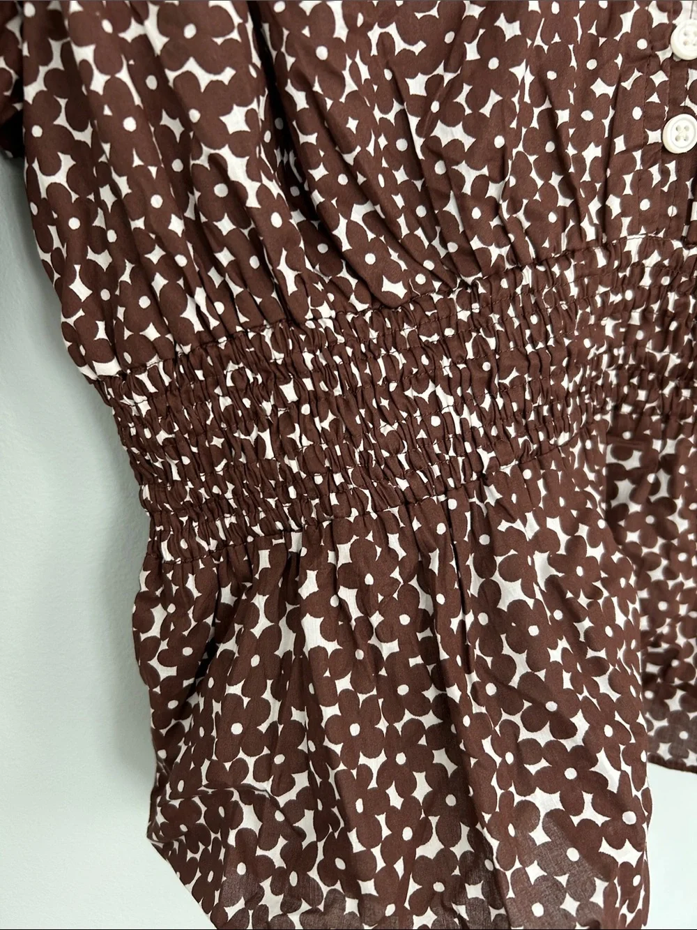 J. Crew Brown and White Printed Smocked Waist Blouse